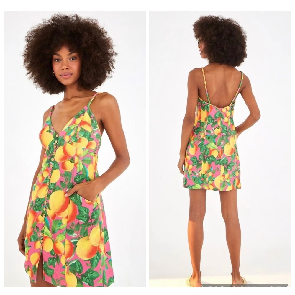 Farm Rio Pink Cashew Juice Mini Dress Linen Fruit Print V-Neck Size S